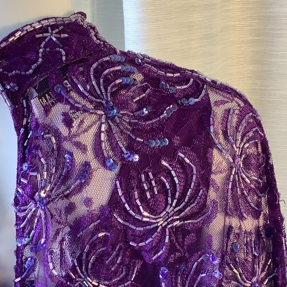 Brilliante By J.A. Purple Sequin Beaded Short Sleeve High Neck Tunic Top Sz L - Picture 9 of 12